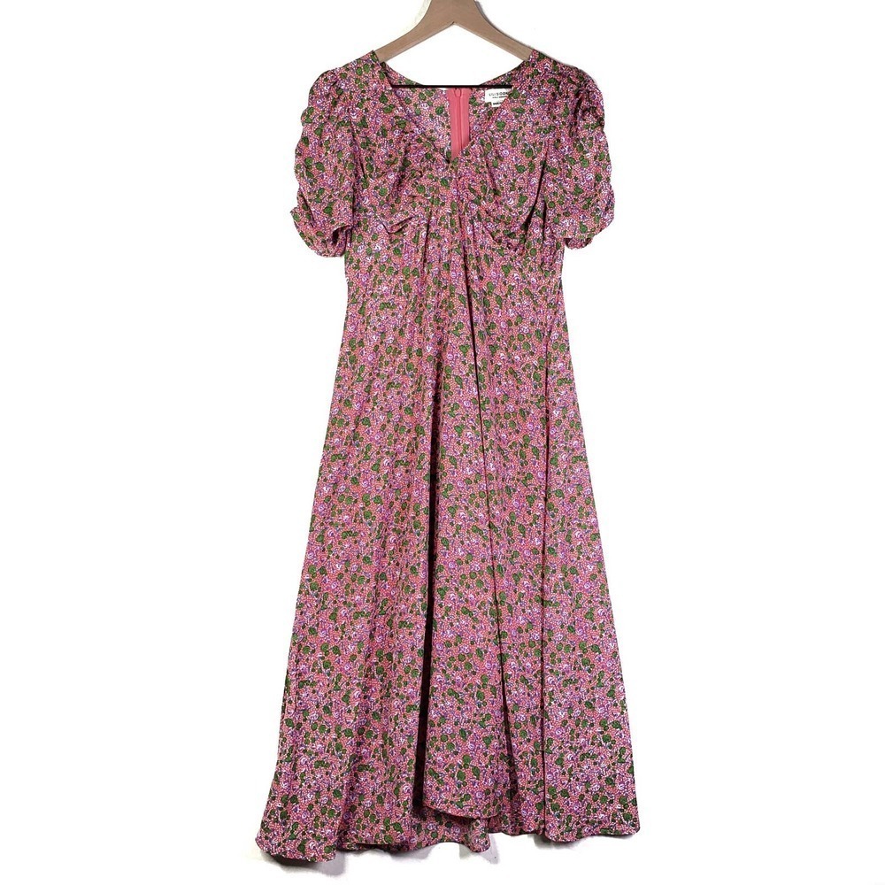 Lili Sidonio x Molly Bracken Floral Midi‎ Dress M Puff Sleeve Pink V-Neck